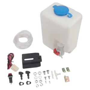 12V Universal Windshield Washer Pump Kit, Tank Bottle with Nozzles for Auto and UTV Cleaning